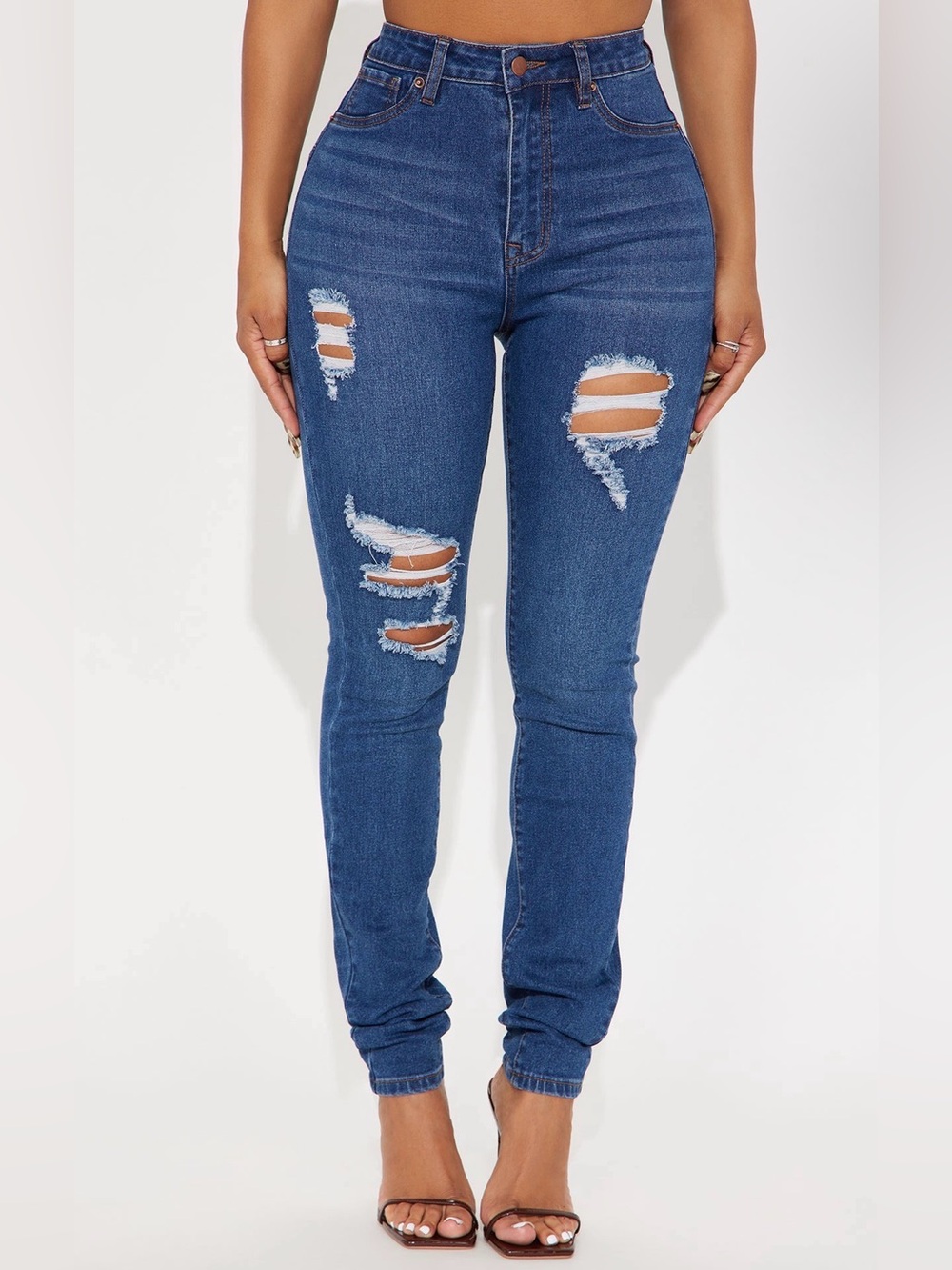 NWT Tall Fashion Nova Distressed High Rise Skinny Jeans | Dark Wash | Size 9 - Picture 2 of 4